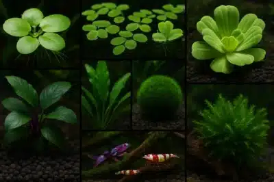 Montage photo de plantes aquatiques idéales pour les crevettes, avec Red Crystal sur racines et mousses