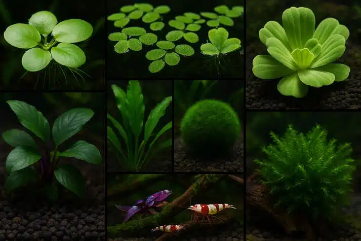 Aquarium à crevettes Red Crystal avec mousse de Java sur racines et plantes flottantes - setup Caridina planté