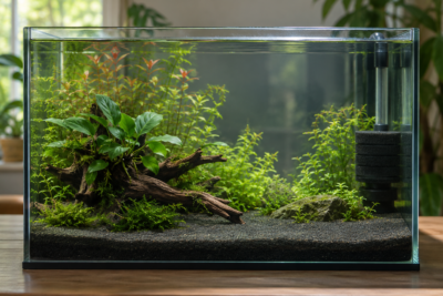 Illustration d’un aquarium planté en cours de préparation, avec mousse filtrante, bois et plantes, sans animaux.