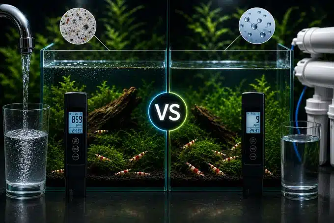 Comparatif entre eau du robinet et eau osmosée reminéralisée avec conductivimètre TDS pour aquarium à crevettes Caridina et Neocaridina.