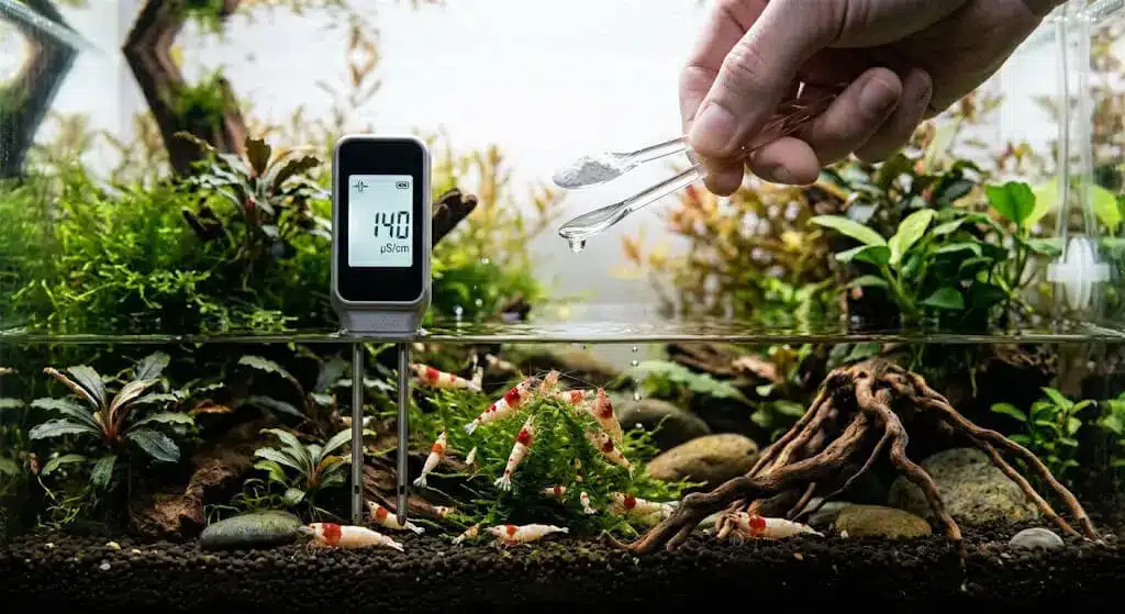 Conductivimètre TDS testant les paramètres eau dans un aquarium à crevettes