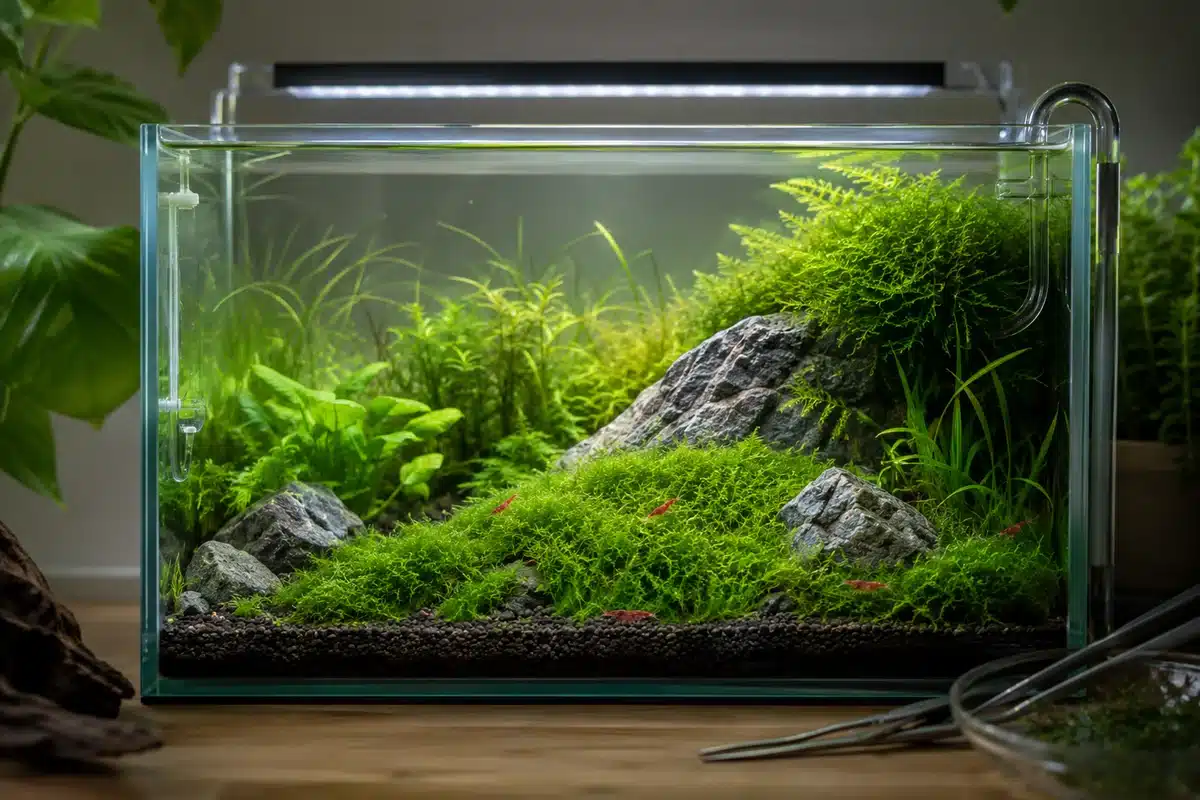 Aquarium à crevettes stable Aquarium à crevettes planté à l'eau claire illustrant un environnement stable
