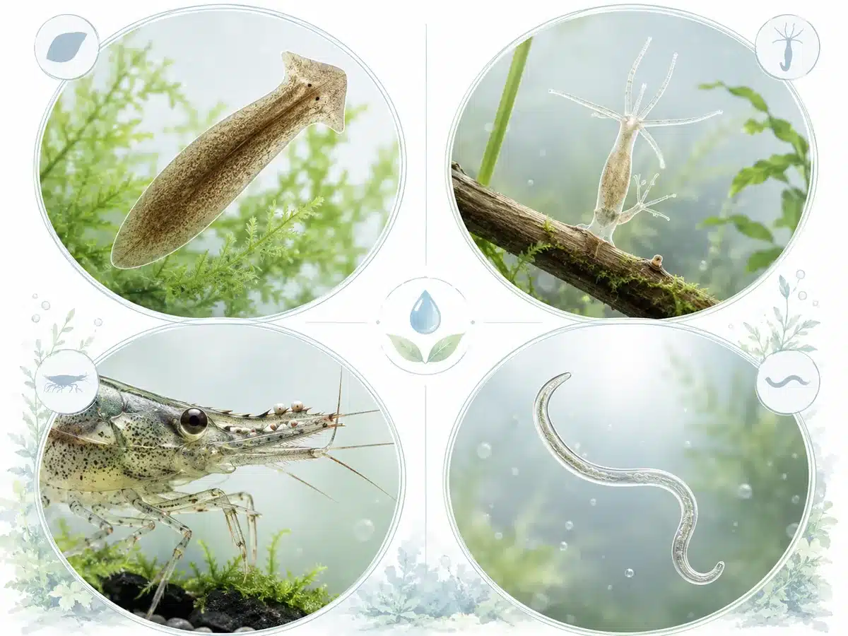 Planaire, hydre et Scutariella en aquarium Comparaison visuelle entre planaire, hydre et Scutariella en aquarium à crevettes