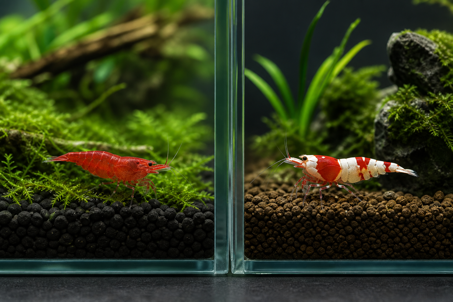Comparatif visuel entre une Neocaridina Red Cherry et une Caridina Crystal Red en aquarium séparé