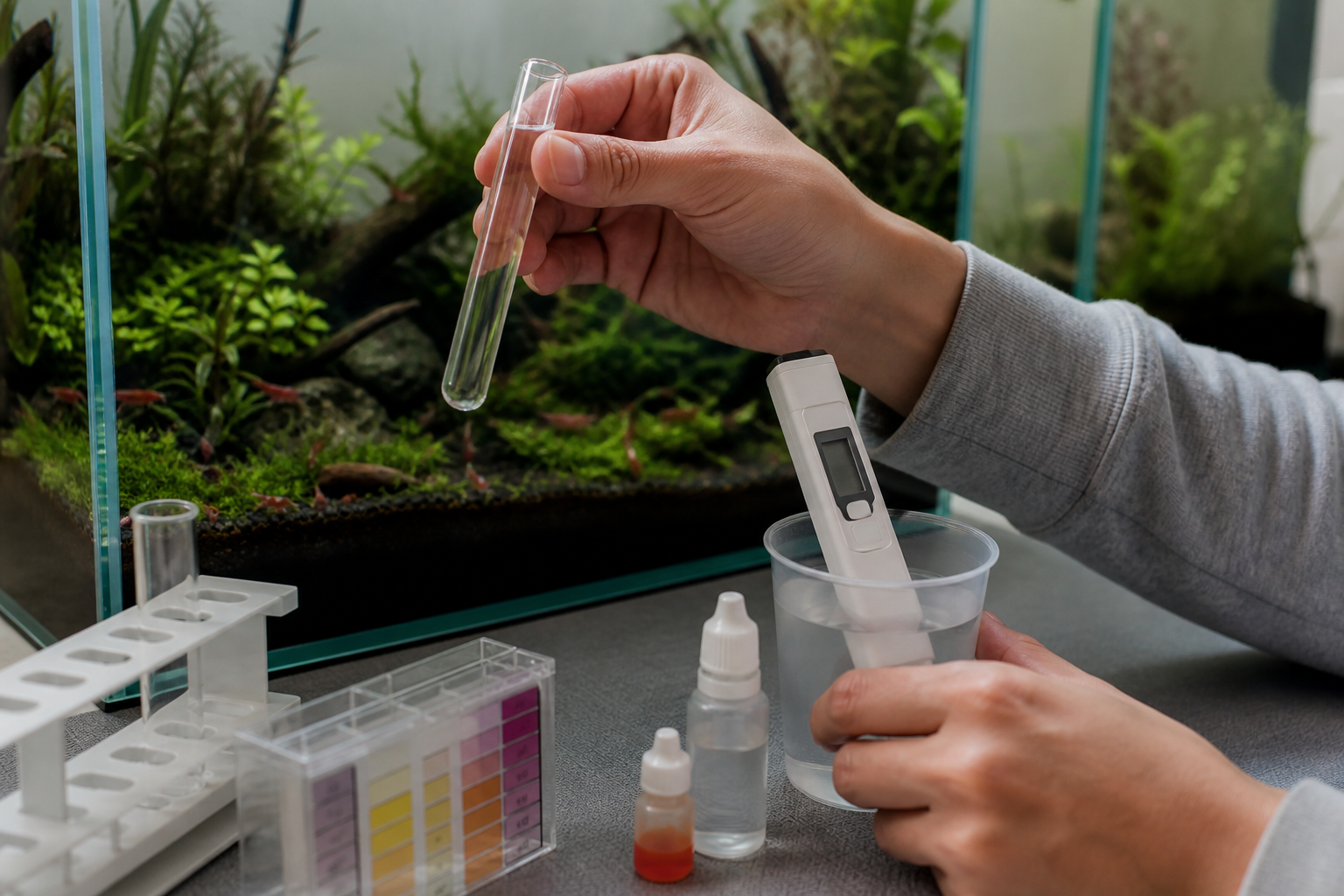 Test du pH et de la conductivité d’un aquarium à crevettes