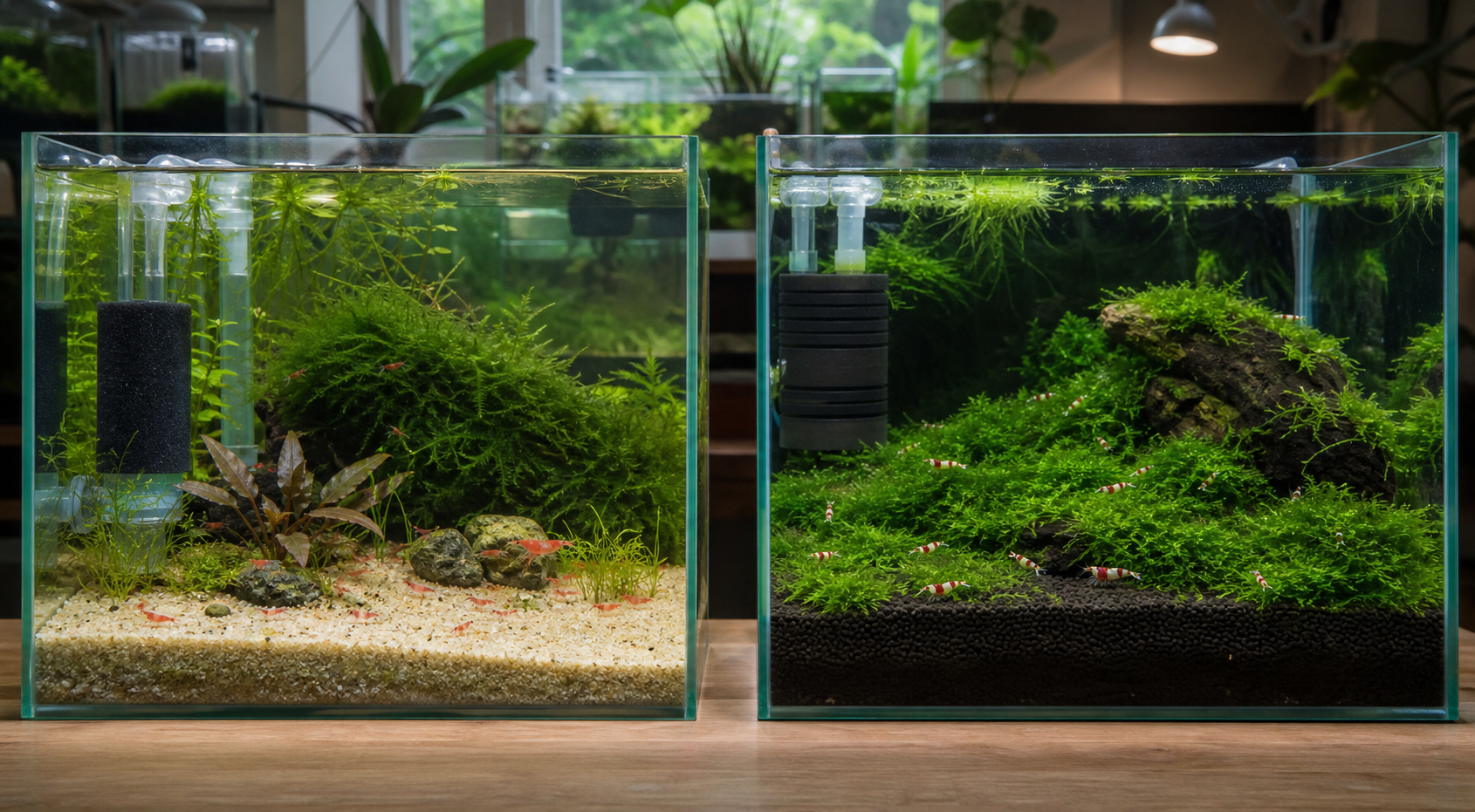 Deux aquariums de crevettes avec sol inerte et sol actif adaptés à des besoins différents